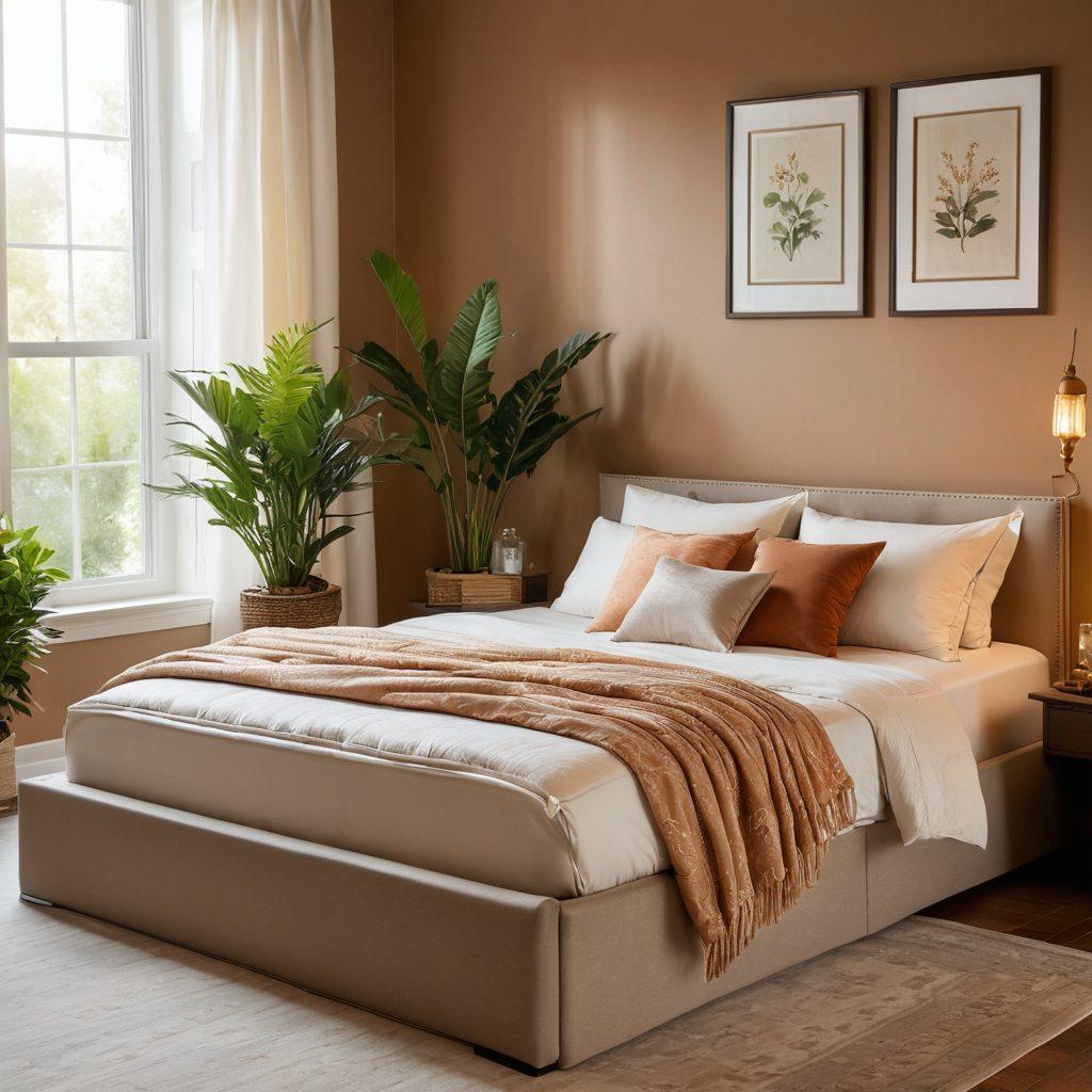 A cozy bedroom featuring a luxurious waterbed with stylish bedding, glowing softly under warm ambient light. Display decorative pillows and an elegant bedside table with calming elements like plants and a book, while moonlight filters through a window, creating a serene atmosphere. The overall color palette should evoke tranquility and restfulness. super-realistic. warm tones. soft lighting.