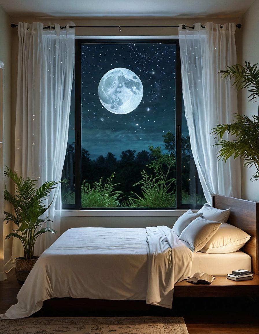 A serene bedroom scene featuring a luxurious water mattress, softly illuminated by moonlight filtering through sheer curtains. The room is adorned with calming colors and natural elements like plants, promoting tranquility and relaxation. A glass of water and a book are placed on a bedside table, symbolizing comfort and restful routines. Stars are faintly visible through the window, emphasizing the peaceful night setting. soft focus. tranquil colors. super-realistic.
