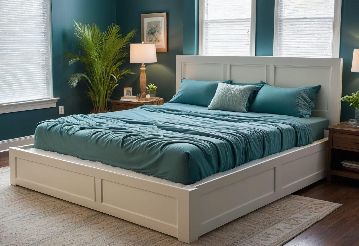 A cozy bedroom featuring a luxurious waterbed with soft, flowing sheets, surrounded by calming decor. Incorporate gentle lighting with soft blues and greens, with fluffy pillows piled high. Show serene nature elements like a small indoor plant or a window with a tranquil view. Add a hint of ripple effect on the waterbed to emphasize comfort. super-realistic. soothing colors. warm lighting.